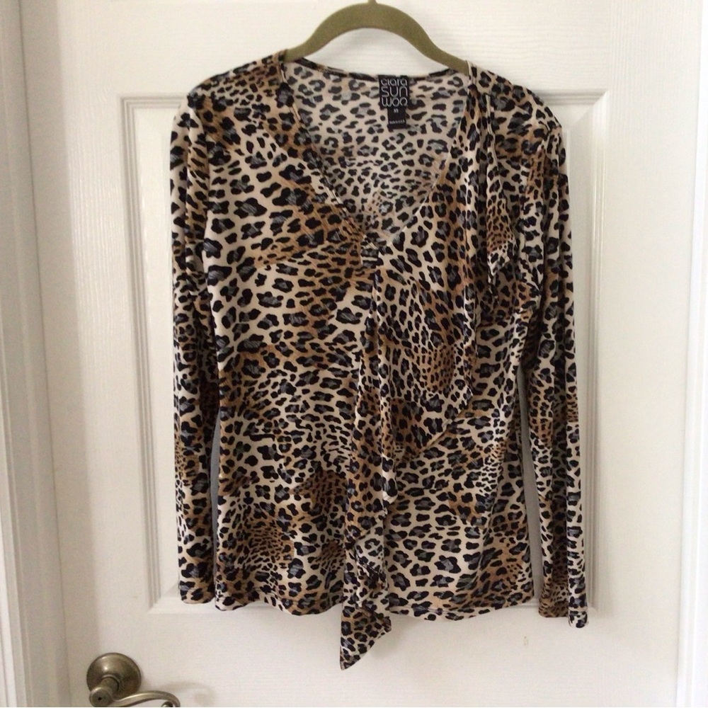 E.U.C. CLARA SUN WOO animal print, ruffled front, v-neck blouse XS